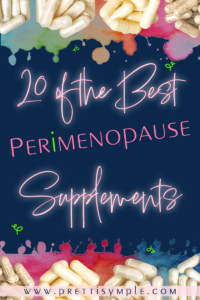 On a navy blue background, baby pink swirling lettering announces 20 of the best perimenopause supplements